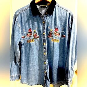 Basic Editions Denim Christmas Cardinal Embroidered Shirt Black Velvet Collar